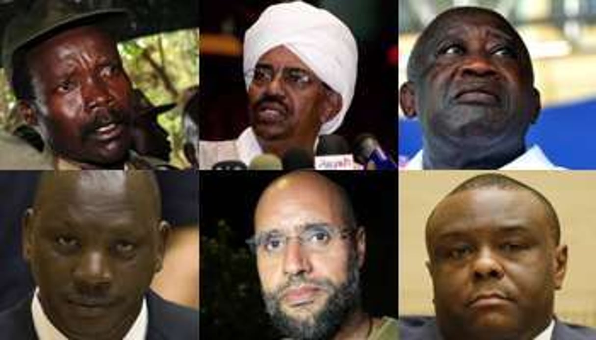 De g. à d. : J. Kony, O.e. Béchir, L. Gbagbo, T. Lubanga, S. Kaddafi et J.P. Bemba. © AFP/Reuters