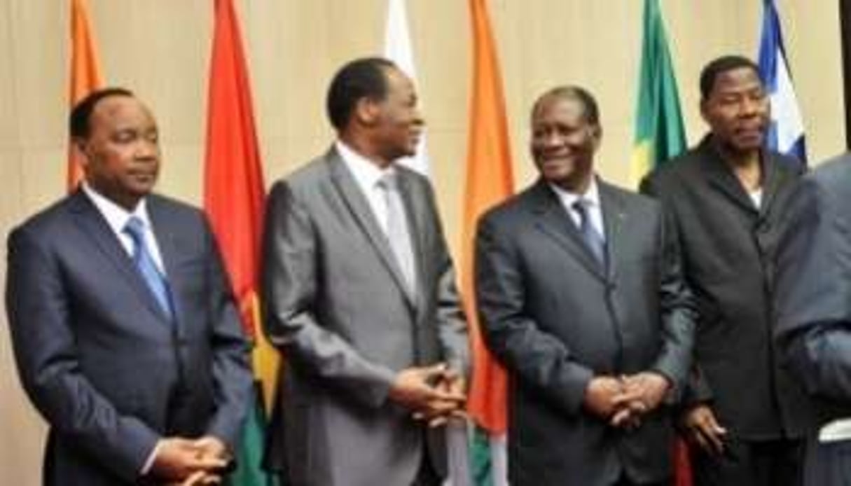 MM. Issoufou (Niger), Compaoré (Burkina), Ouattara (Côte d’Ivoire) et Yayi (Bénin), le 29 mars. © Sia Kambou/AFP
