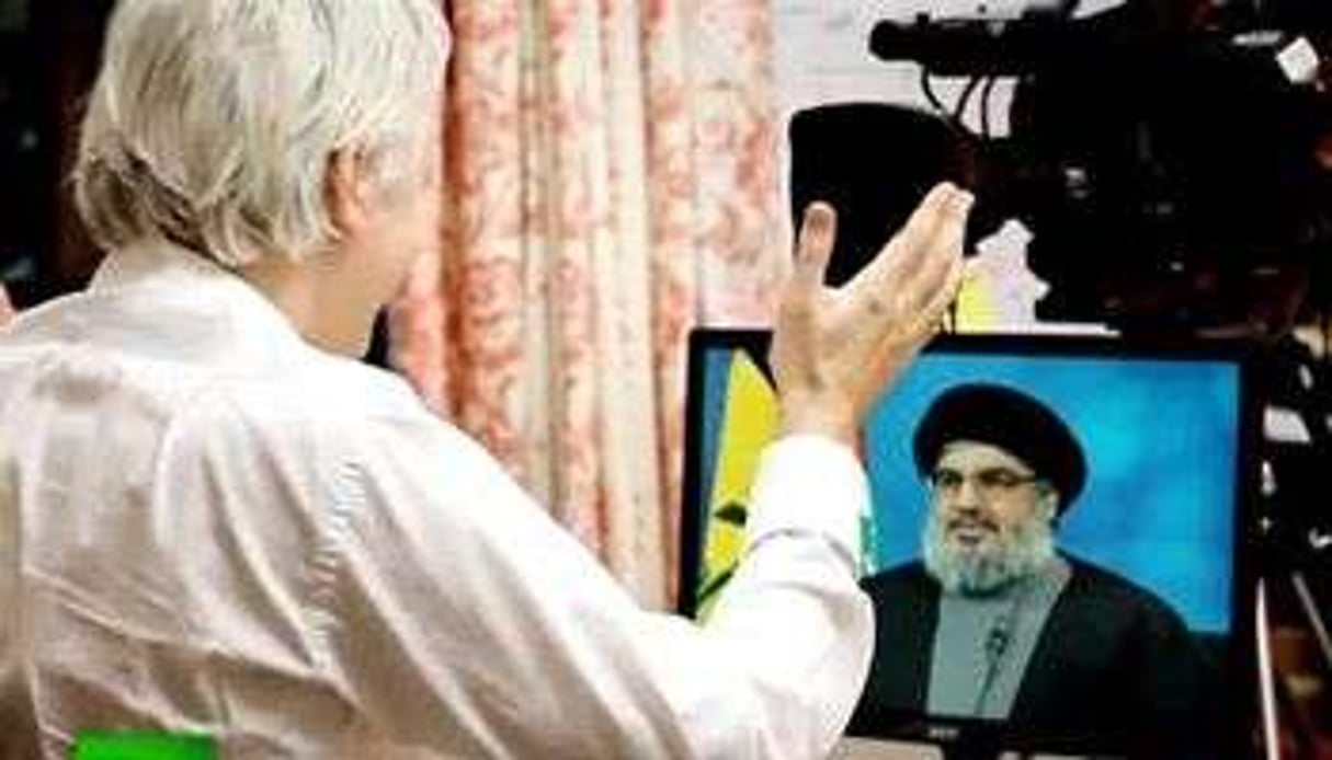 Capture d’écran de l’interview de Nasrallah par Assange sur Russian Today. © YouTube
