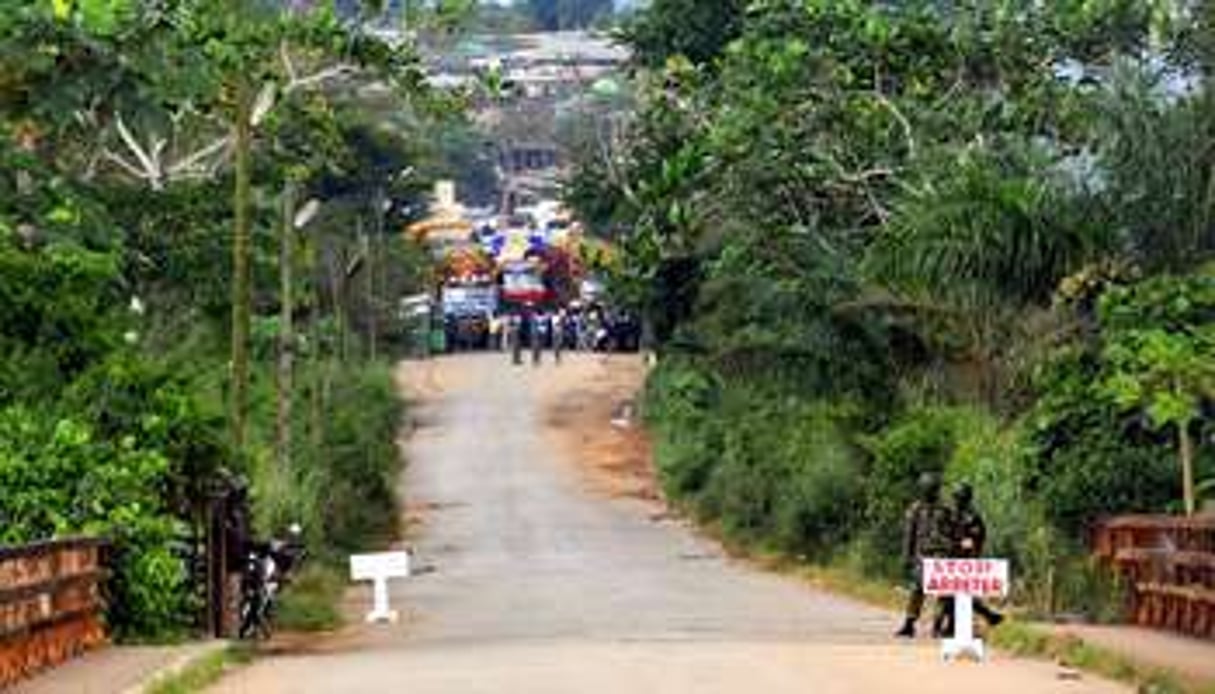 Camions bloqués au village d’Elubo, côté ghanéen de la frontière. © AFP