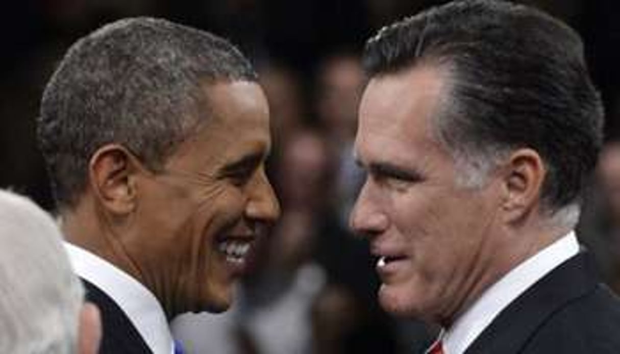 Barack Obama (à g.) et Mitt Romney, le 23 octobre à Boca Raton en Floride. © AFP