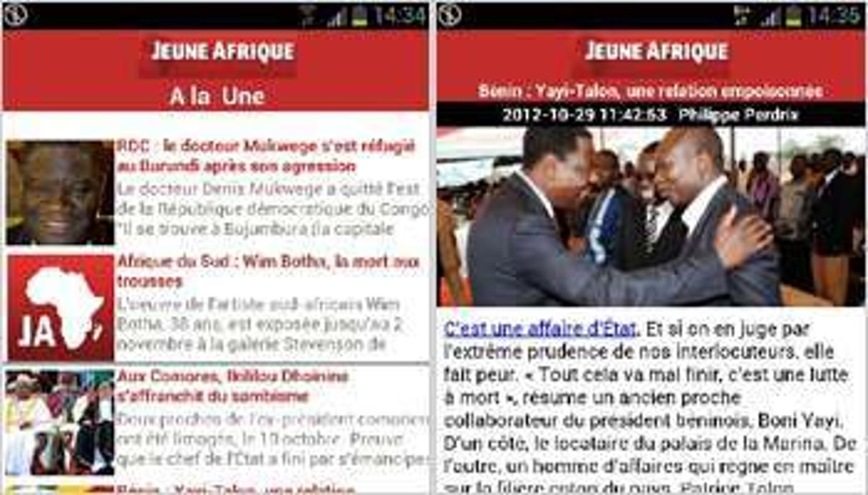 Des vues de l’application Android de Jeune Afrique. © Captures d’écran/J.A.