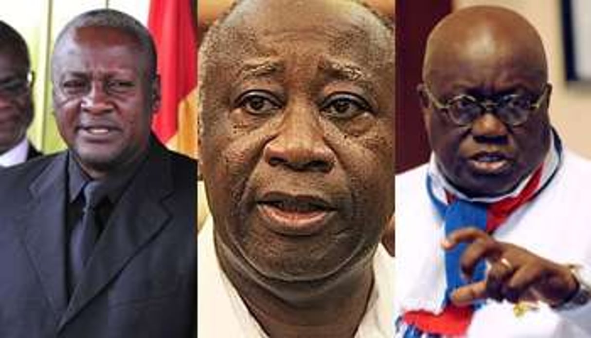 De g. à dr. : J. D. Mahama, Laurent Gbagbo et N. Akufo-Addo. © AFP