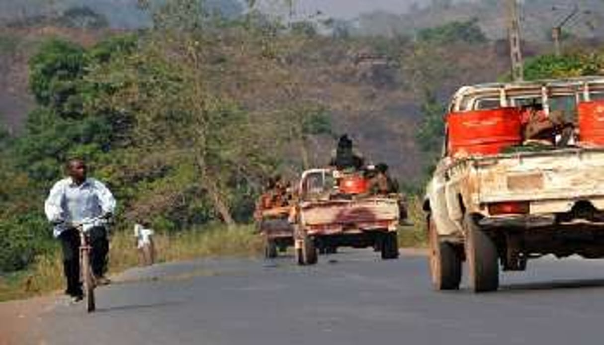Un convoi militaire sur la route de Sibut, à 160 km au nord de Bangui, le 29 décembre 2012. © AFP