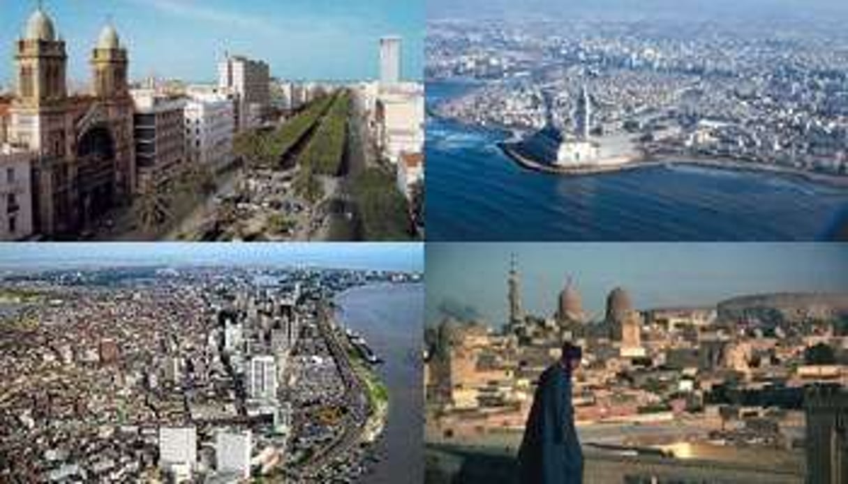Tunis (en haut à g.), Casablanca (en haut à dr.), Lagos (en bas à g.) et Le Caire. © Jeune Afrique