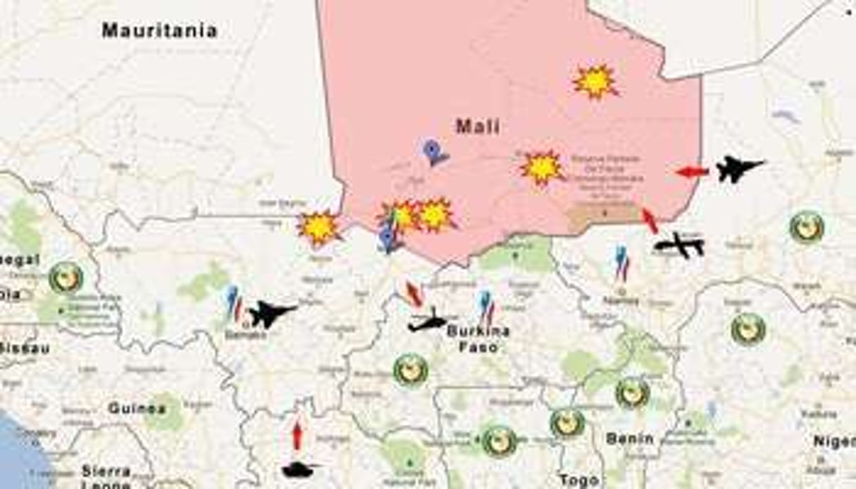 L’intervention au Mali a débuté le 11 janvier. © Jeune Afrique/Google Map