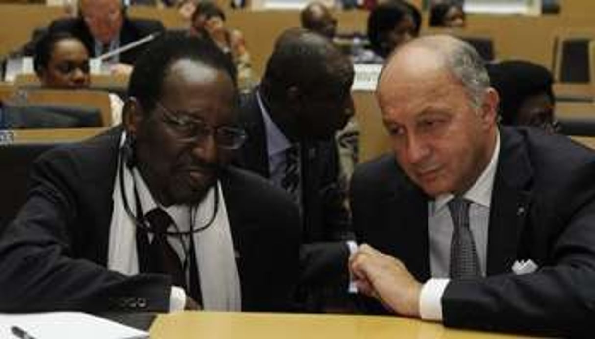 Dioncounda Traore (g) et Laurent Fabius, le 29 janvier à Addis Abeba. © Simon Maina/AFP