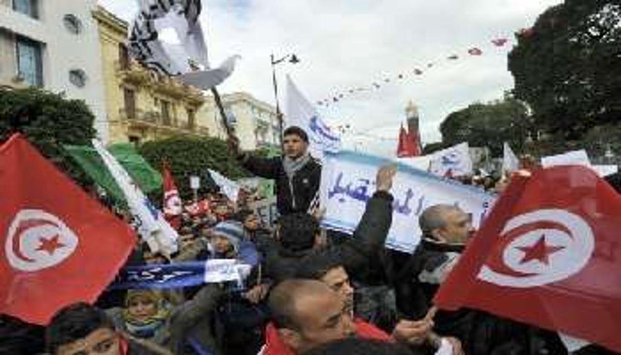 Des partisans du parti islamiste au pouvoir Ennahda manifestent à Tunis le 9 février 2013. © AFP/Fethi Belaid