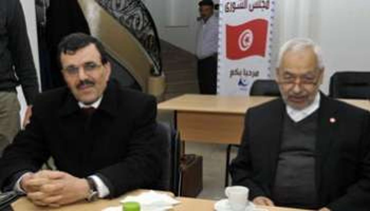 Ali Larayedh et Rached Ghannouchi, le 22 février 2013 à Tunis. © AFP