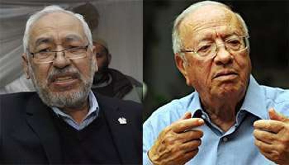 Ghannouchi ne recueille que 3,7% d’intentions de vote, contre 29,1% pour Caïd Essebsi. © AFP/Montage J.A.
