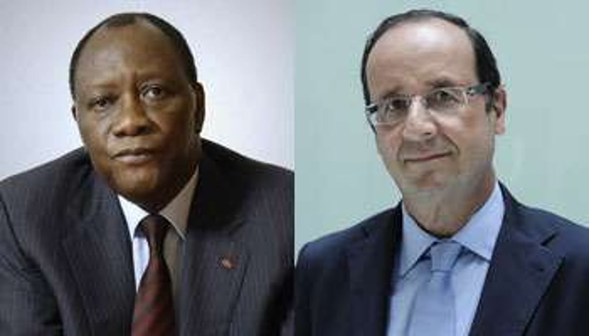 les président ivoirien et français, Alassane Ouattara (à g.) et François Hollande. © Vincent Fournier pour J.A.