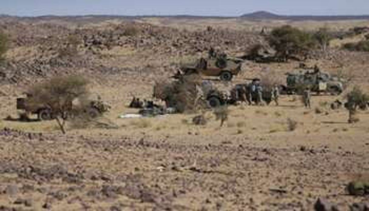 Des militaires tchadiens dans le désert près de Tessalit, le 14 mars. © AFP