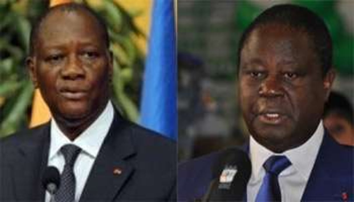 Le président Alassane Ouattara, chef du RDR, et Henri Konan Bédié, celui du PDCI. © AFP/DR