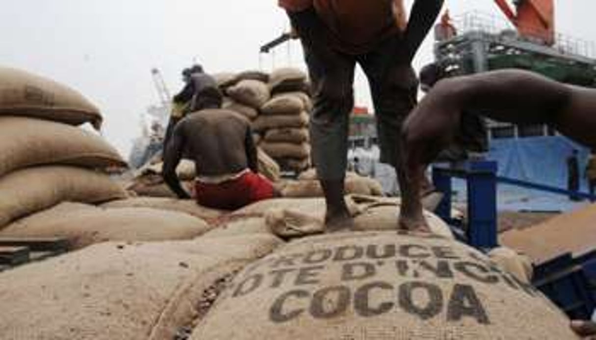 Des ouvriers vident des sacs de cacao ivoirien le 18 janvier 2011 dans le Port d’Abidjan. © AFP