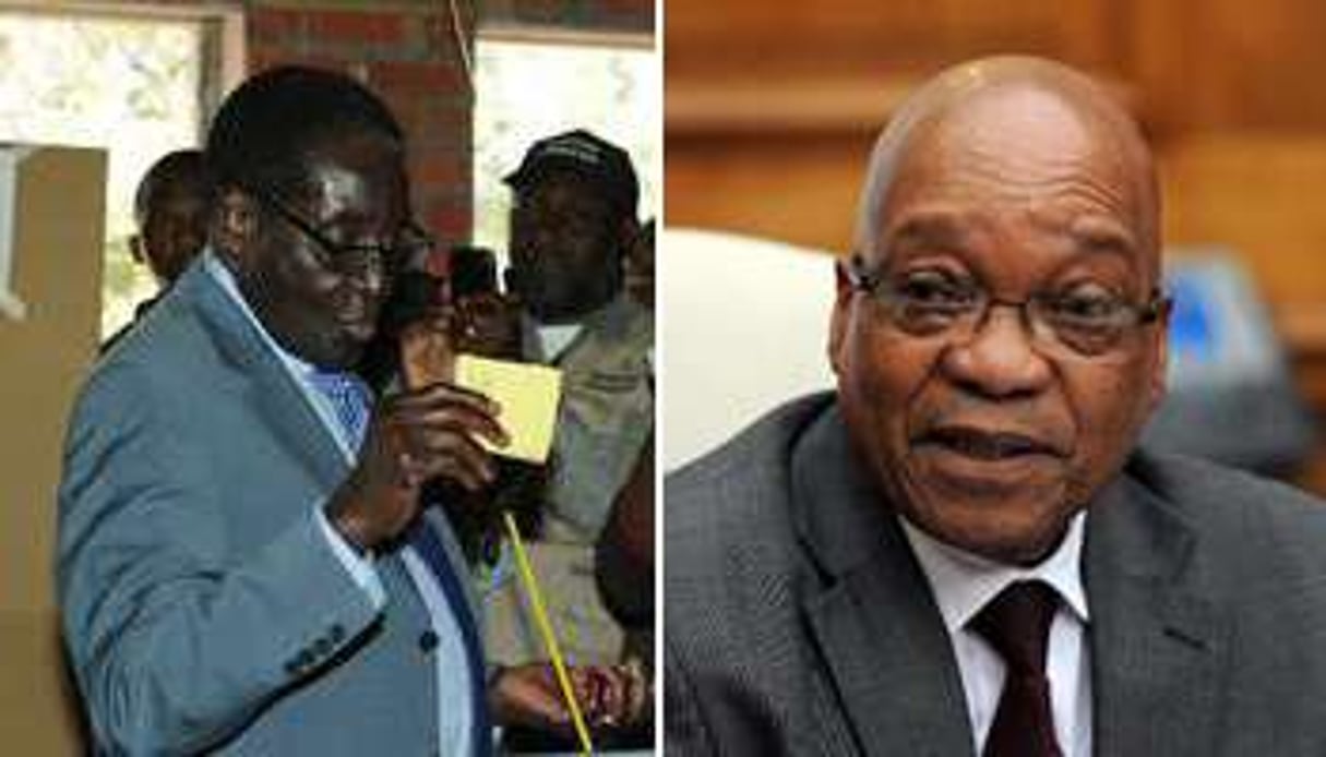 Robert Mugabe (à g.) et Jacob Zuma, liés par l’Histoire. © AFP (montage J.A.)