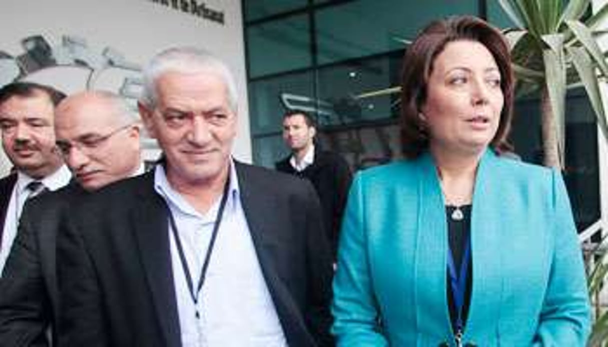 Wided Bouchamaoui et Houcine Abassi, secrétaire général de l’UGTT, au siège de l’Utica. © Hichem