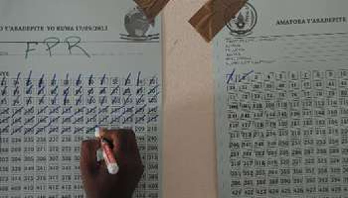 Un scrutateur recense le nombre de votes exprimés en faveur du FPR, le 16 septembre 2013 à Kigali. © AFP