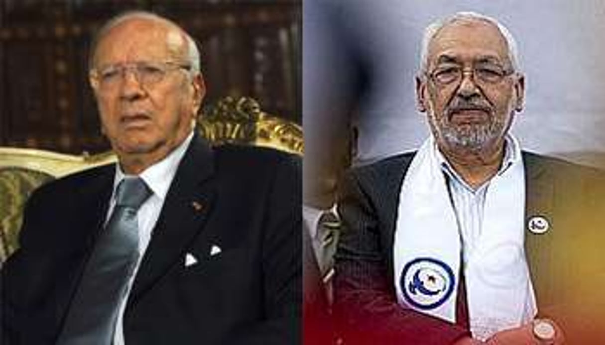 Béji Caïd Essebsi (Nida Tounès) et Rached Ghannouchi (Ennahdha). © AFP/Montage J.A.