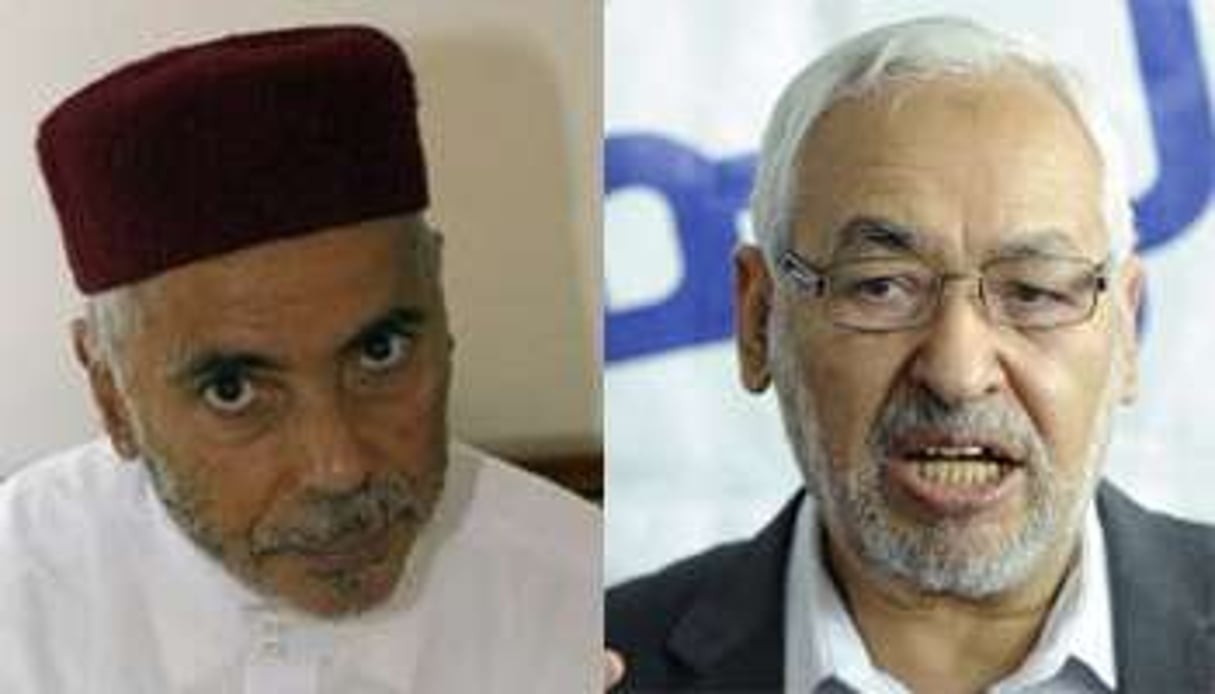 Sadok Chourou, faucon d’Ennahdha, et Rached Ghannouchi, président de la formation islamiste. © AFP/Montage J.A.