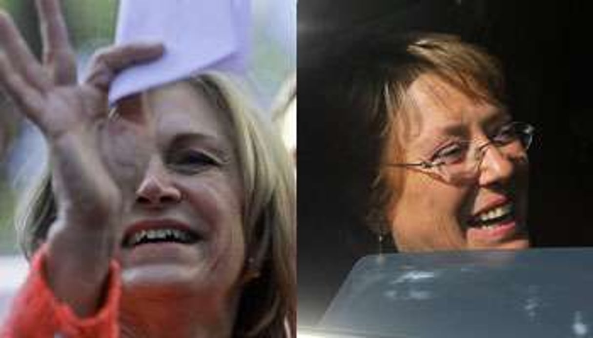 Michelle Bachelet (à dr.) devance dans les sondages Evelyn Matthei, l’unique candidate de droite. © Mario Ruiz/EFE/Sipa et Luis Hidalgo/AP/Sipa