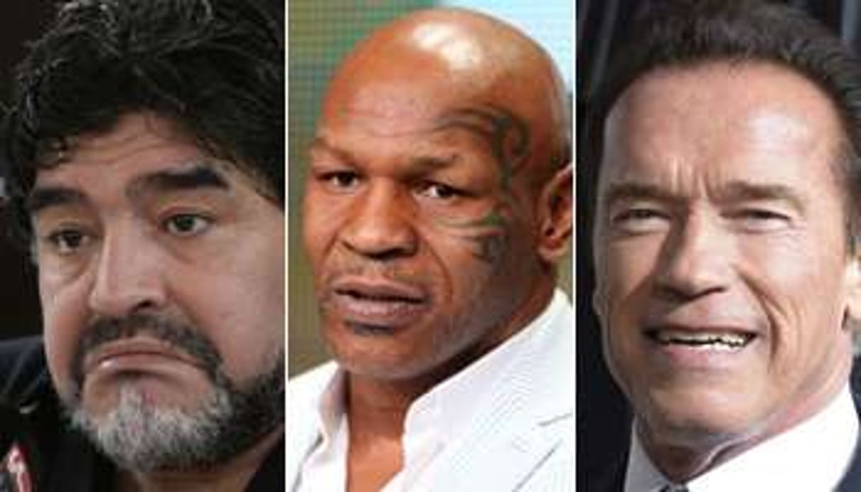Diego Maradona (g), Mike Tyson (c), et Arnold Schwarzenegger (d). © AFP/Montage Jeune Afrique.
