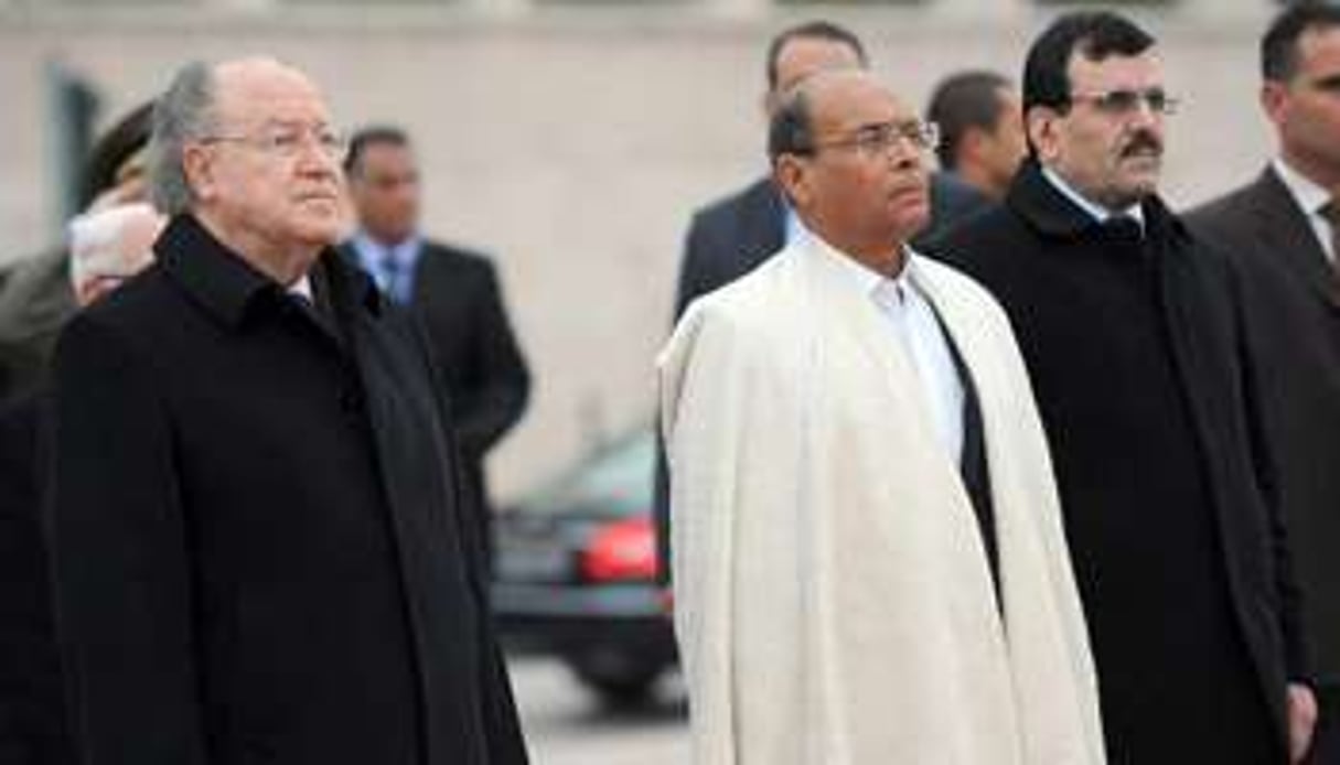 Mustapha Ben Jaafar, Moncef Marzouki et Ali Larayedh le 14 janvier 2014 à Tunis. © AFP
