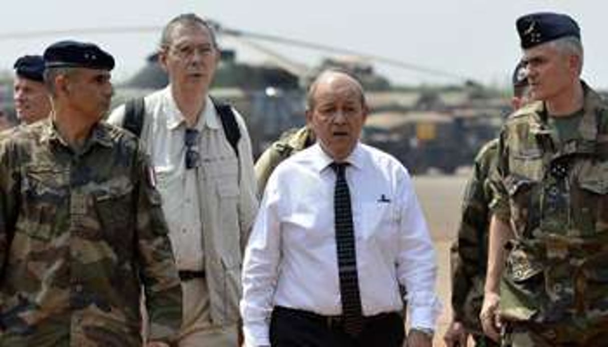 Le ministre de la Défense, Jean-Yves Le Drian (c), le 2 janvier 2014 à Bangui. © AFP