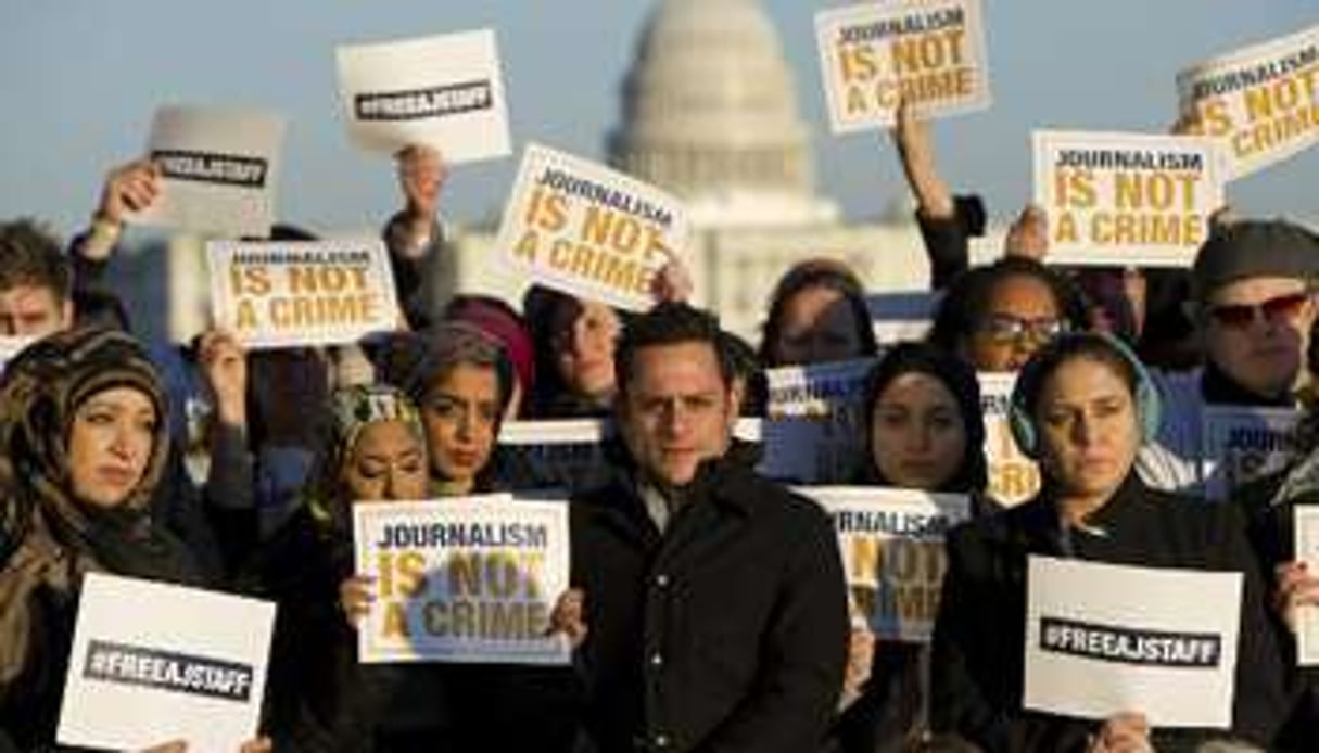 Manifestation des journalistes d’Al-Jazira, le 27 février 2014 à Washington. © AFP