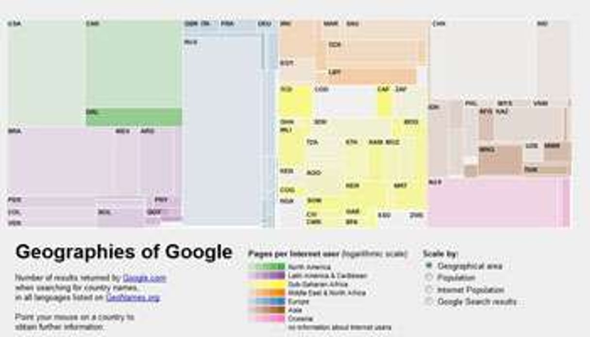 Cartographie des résultats Google liés aux noms des pays. © DR