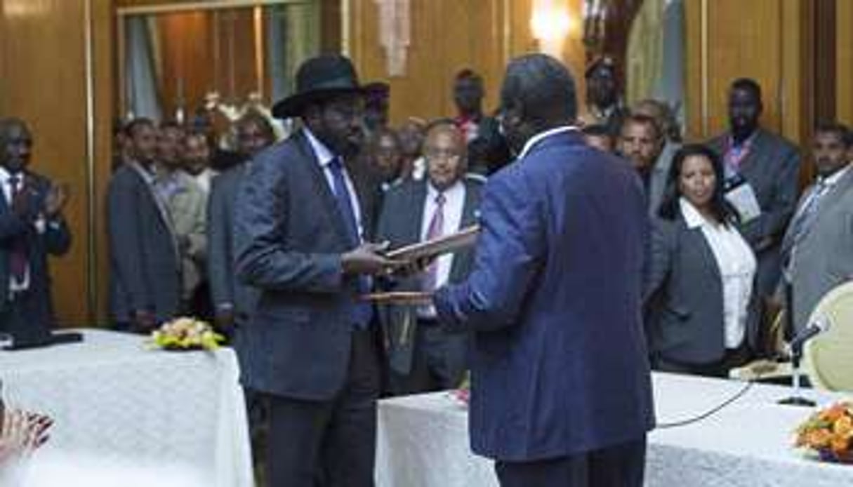 Salva Kiir et Riek Machar le 9 mai 2014 à Addis Abbeba. © AFP