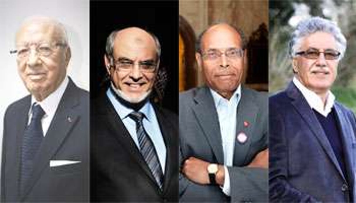 De g. à dr. : Béji Caïd Essebsi, Hamadi Jebali, Moncef Marzouki et Hamma Hammami. © Ons Abid et Mohamed Hammi pour J.A.