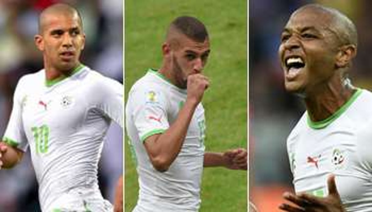 Sofiane Feghouli (g), Islam Slimani (c), et Yacine Brahimi (d). © Montage Jeune Afrique / AFP