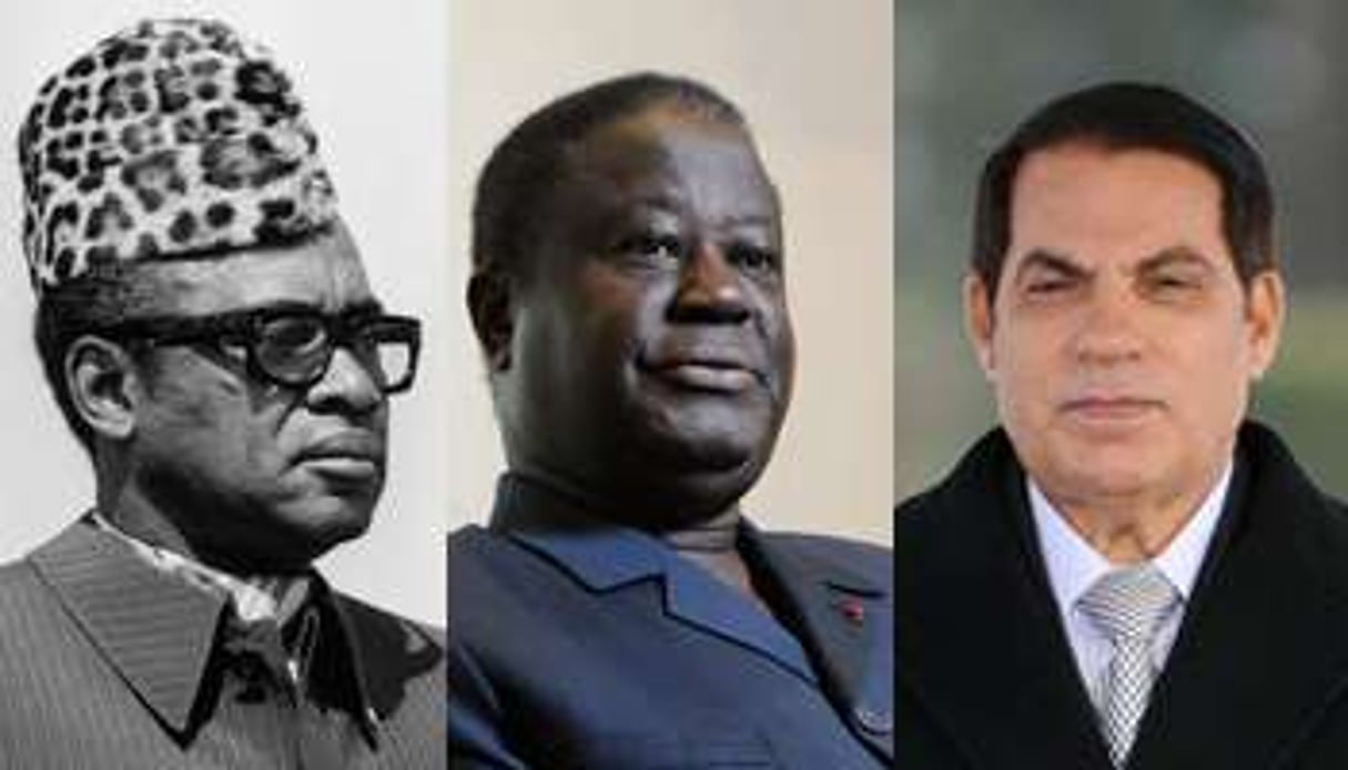 Mobutu Sese Seko (g), Henri Konan Bédié (c), et Zine el-Abidine Ben Ali (d). © Montage Jeune Afrique