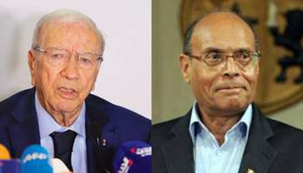 Béji Caïd Essebsi et Moncef Marzouki s’affronteront au second tour de la présidentielle. © AFP/Montage J.A