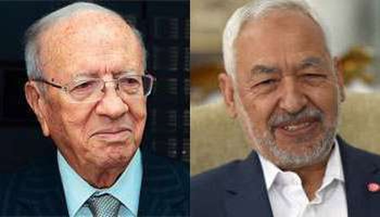 Les chefs de Nidaa Tounès et Ennahdha, Béji Caïd Essebsi et Rached Ghannouchi. © AFP/Montage J.A.