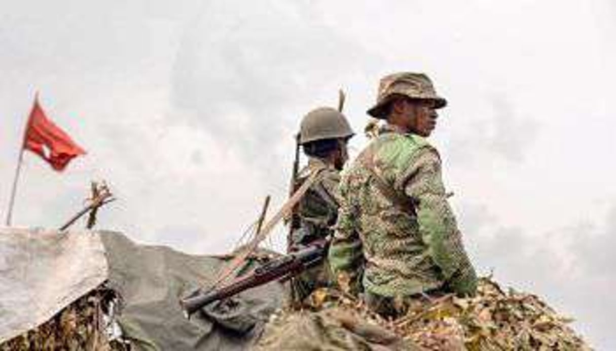 Des soldats de l’armée de RDC en faction le 15 juin 2014, près de la frontière avec le Rwanda. © AFP