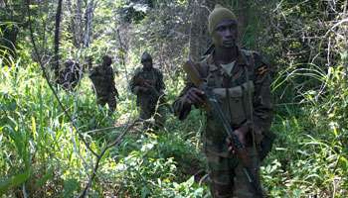 Des soldats de l’UPDF patrouillent à la recherche de combattants de la LRA. © MICHELE SIBILONI / AFP