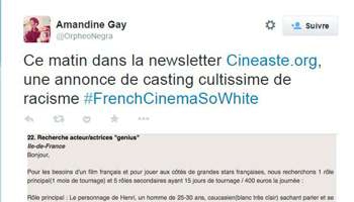 Amandine Gay a dénoncé l’annonce raciste. © Capture d’écran Twitter/OrpheoNegra