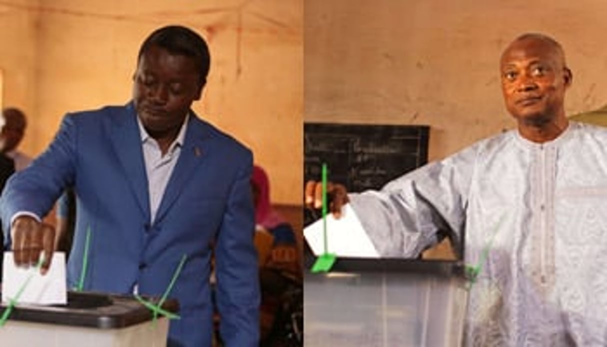 Faure Gnassingbé et Jean-Pierre Fabre ont voté à Lomé, le 25 avril 2015. © Erick Kaglan/AP/Sipa