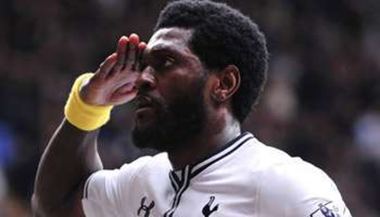 Emmanuel Adebayor célèbre un but sous les couleurs de Tottenham. © AFP