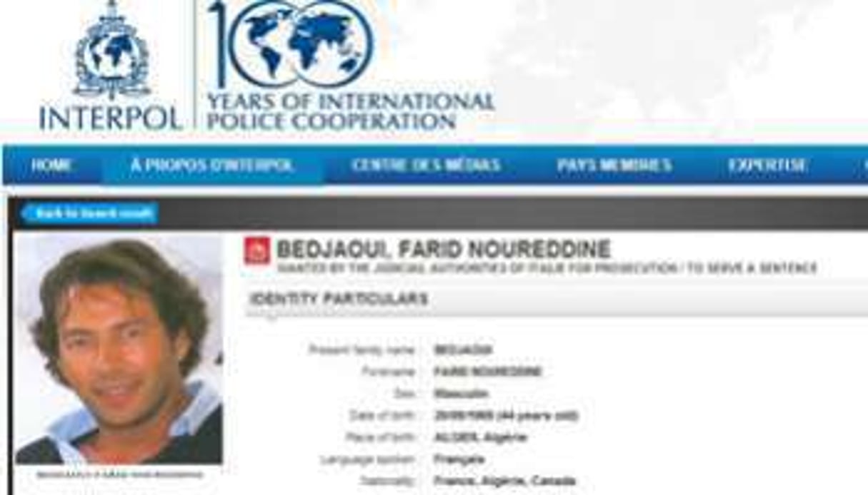 Capture d’écran de la notice de recherche de Farid Bedjaoui sur le site internet d’Interpol © J.A.