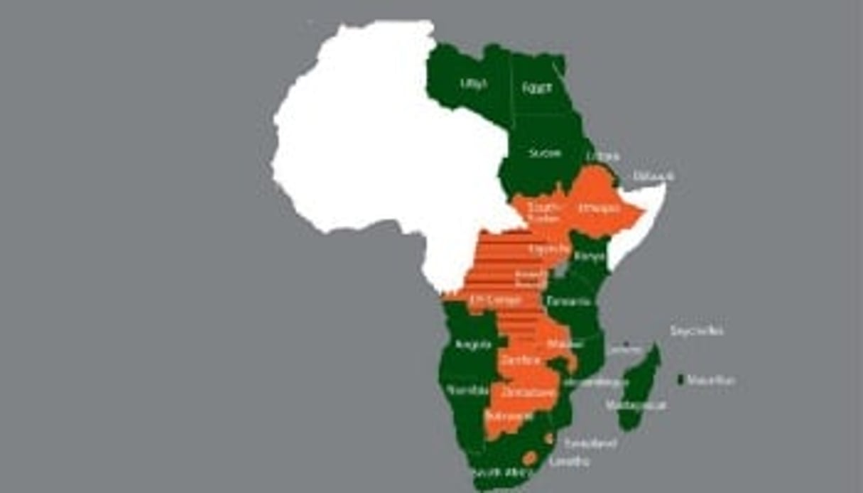 Carte des pays concernés par l’accord de libre-échange tripartite. En orange : les pays n’ayant pas accès ou n’ayant qu’un accès limité à la mer. DR