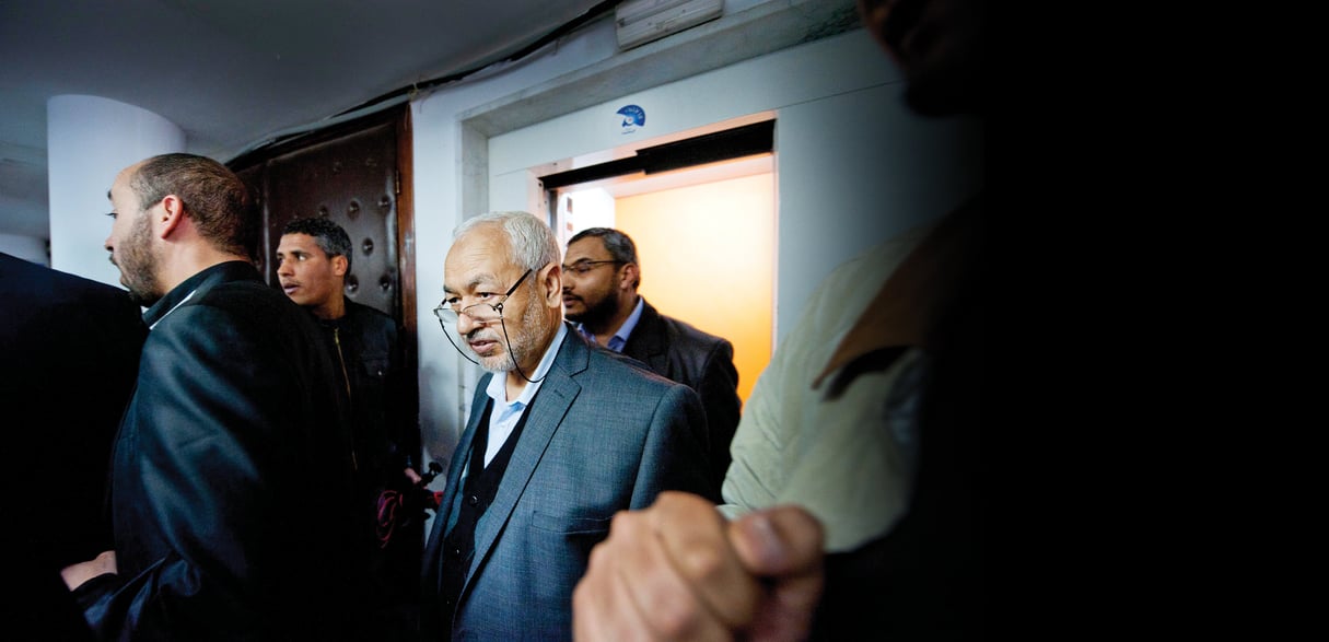 Rached Ghannouchi, président du mouvement, lors d’une conférence de presse, le 26 mars 2012, à Tunis. © NICOLAS FAUQUÉ/WWW.IMAGESDETUNISIE.COM