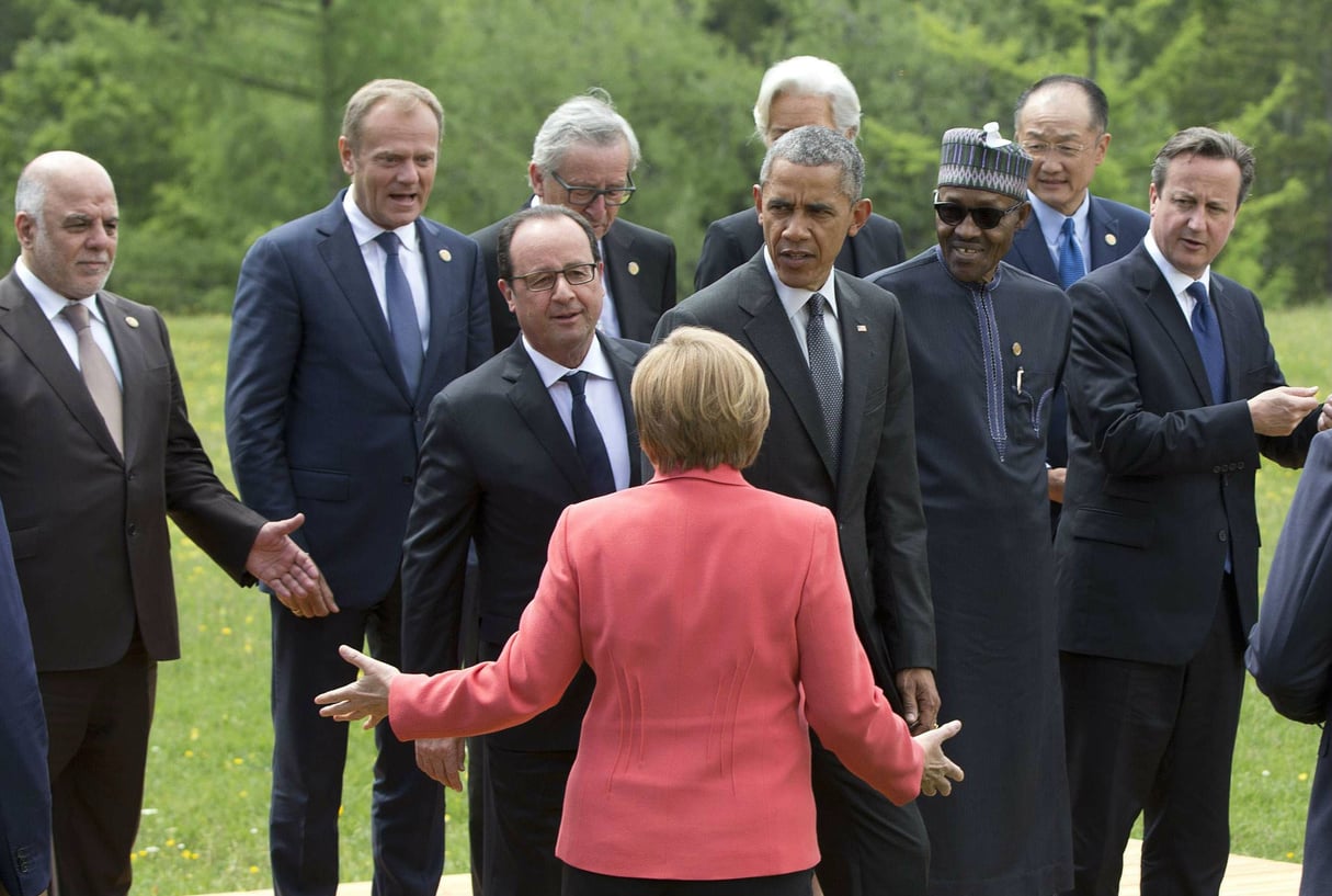 Barack Obama et Muhammadu Buhari,  côte à côte lors du sommet du G7 en Allemagne, le 8 juin 2015. © Carolyne Kaster/AP/SIPA