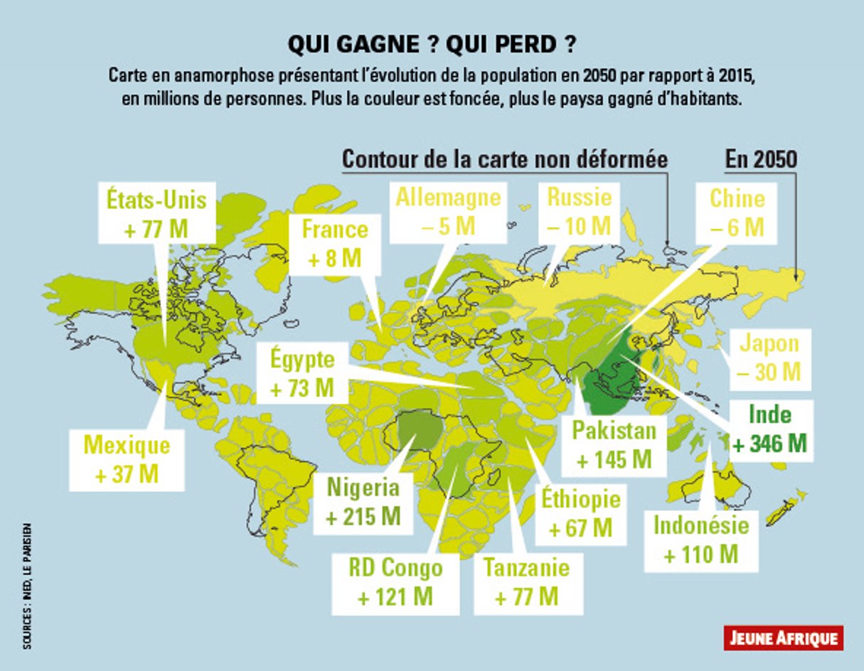 Carte en anamorphose présentant l’évolution de la population en 2050 © Sources : Ined, Le Parisien