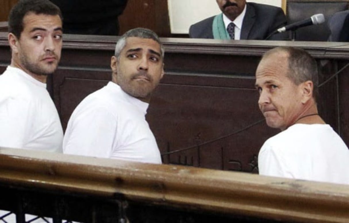 Trois journalistes de la chaîne Al-Jazeera, Baher Mohamed, Mohammed Fahmy et Peter Greste, lors de leur procès au Caire, le 31 mars 2014. © Heba Elkholy/SIPA