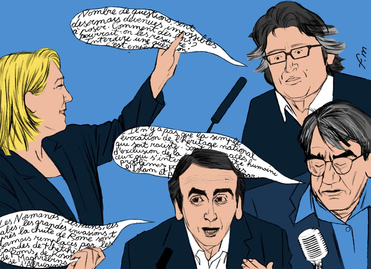 Marine Le Pen, Éric Zemmour, Michel Onfray et Alain Finkielkraut (de g. à dr.). © ILLUSTRATION : FABRICE MONTIGNIER POUR J.A.