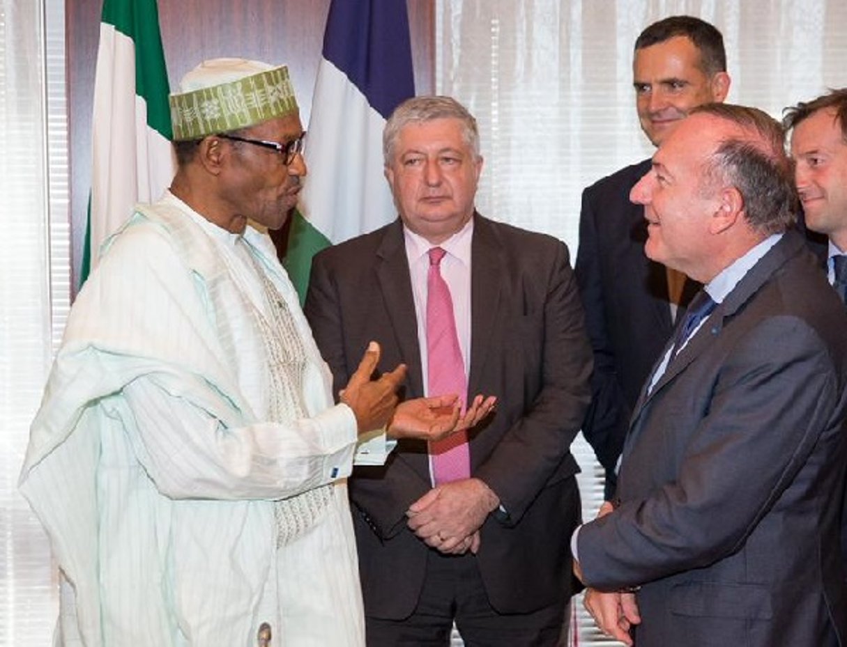 Le président nigérian Muhammadu Buhari (g.) a accordé une audience à al délégation française conduite par Pierre Gattaz (dr.). © Compte non-officiel de la présidence du Nigeria/Thegreenvilla /Twitter
