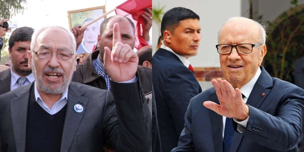 Rached Ghannouchi et Béji Caïd Essebsi. © Montage J.A. Amine Landoulsi/Hassene Dridi/AP/SIPA