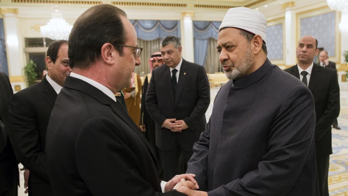 Le cheikh Ahmed al-Tayeb, grand imam de la mosquée d’al-Azhar, lors de sa rencontre avec le président François Hollande à Riyad le 24 janvier 2015. © Yoan Valat/AFP